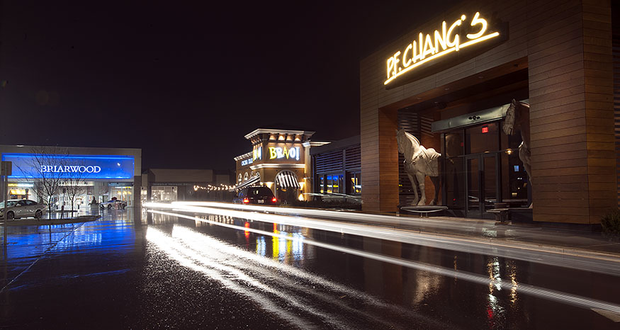 P.F. Chang's restaurant, grand opening at Briarwood Mall in Ann Arbor, MI on Dec 15, 2014.  A long exposure records the rain-lit reflections at closing time.
