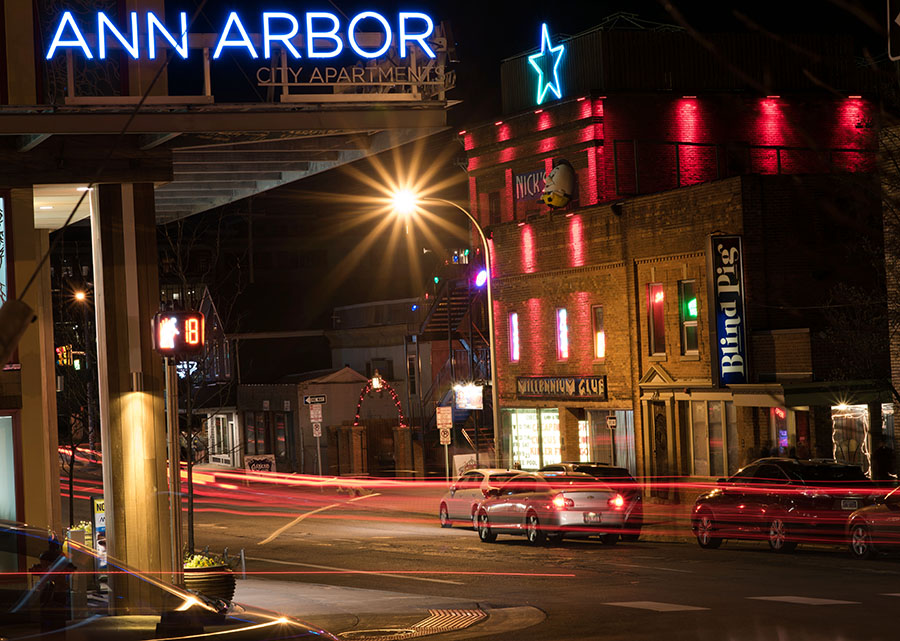 A 10 second exposure shows the Blind Pig, with Ann Arbor city apartments at the top left.